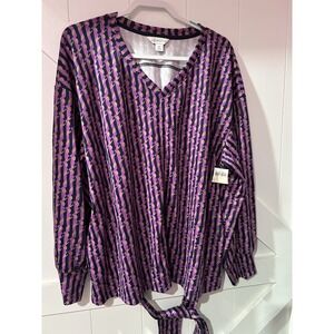 Liz Claiborne Womens Tie Waist Blouse Sz‎ 2X Purple Geometric Casual NWT Career